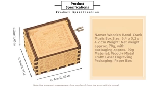 Detailed specifications of wooden music box with dimensions 6.4x5.2x4.2cm and weight 70g