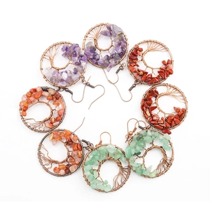 Detailed view of handmade tree of life earrings featuring colorful natural stone chips
