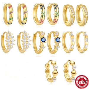 Huggie Hoop Earrings Gold Plated With 925 Sterling Silver Earring Post Colorful Zircon Artificial Pearl Minimalist Jewelry Women