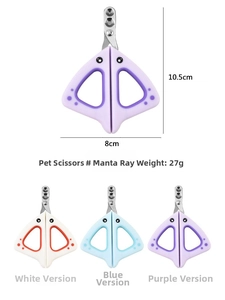 Detail view of pet nail clipper dimensions and three color options in silicone