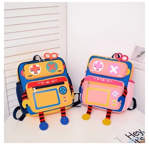 Detail of colorful robot cartoon backpacks featuring 3D wind-up keys and mesh side pockets