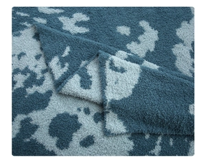 Close-up of thick blue long-pile flannel blanket showing soft texture and abstract pattern
