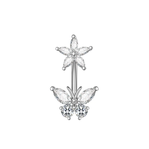 Detailed view of silver belly ring featuring zircon flower and butterfly designs