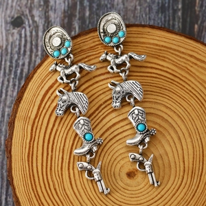 Boucles d'oreilles rétro style cowboy avec perles turquoise, cheval et bottes