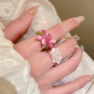 Sweet Resin Flower Beaded Rings Handmade Floral Elastic Finger Jewelry For Women Girls Fresh Style