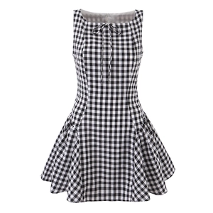 Women Sleeveless Gingham Mini Dress Cotton Polyester Blend Round Neck Bow Tie Back Zipper Summer Casual Lolita Style