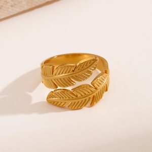 Adjustable gold plated stainless steel leaf ring with detailed feather texture for women