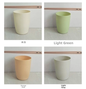 Detailed grid view of minimalist plastic tooth mugs in four matte Morandi color options