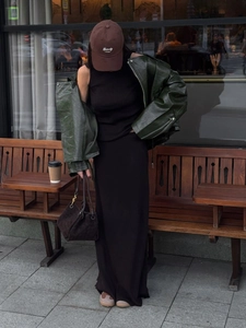 Elegant dark green faux leather jacket with black knit midi skirt set for women