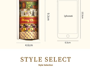 Christmas washi tape set with gold foil patterns and size reference next to a phone