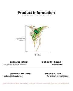 Detailed size specifications for the phoenix brooch featuring green enamel and rhinestones