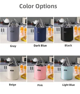 Six colors of cylindrical insulated lunch bags including gray blue and pink with handles
