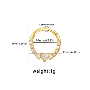 Detailed dimensions of gold heart nose ring with cubic zirconia inlay and 1.2mm gauge