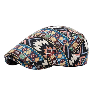 Retro ethnic style jacquard flat cap with colorful geometric weave pattern for autumn