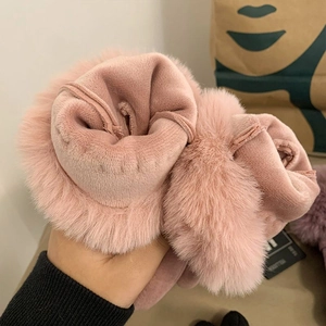Pink thermal winter gloves for women with faux fur trim and thick fleece lining