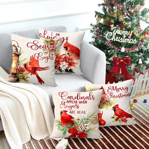 Set of 4 vintage Christmas pillow covers with cardinal birds and seasonal floral patterns