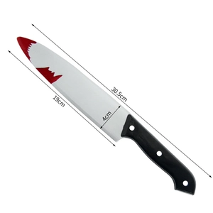 Detailed view of plastic Halloween toy knife with blood splatters, 30.5cm long