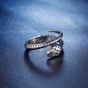 Vintage stainless steel snake ring with detailed scales and adjustable wrap design