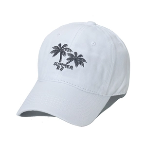 Close-up of black coconut tree and SUMMER embroidery on white cotton baseball cap