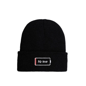 Classic black knitted beanie featuring MY LOVE battery embroidery and folded cuff design