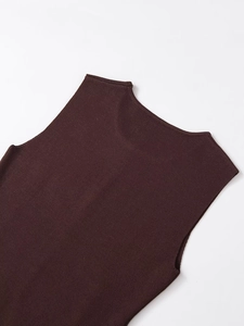 Detailed flat lay of dark brown sleeveless knit top showing neck and shoulder texture