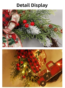 Detail of Christmas wreath with LED lights, red truck, pine needles and Merry Christmas bow