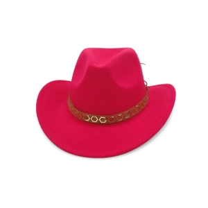 Detail of rose pink western cowboy hat featuring ethnic geometric pattern hat band