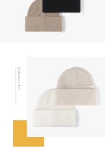 Detailed rib-knit texture of thick winter beanies in white, beige, brown, and black