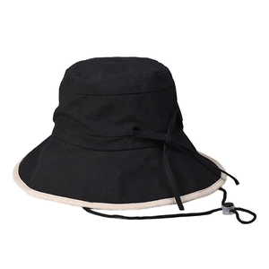 Women's wide brim cotton linen sun hat with contrast beige piping and bow detail