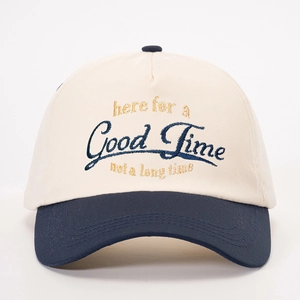 Navy and cream baseball cap with 'Good Time' embroidery for outdoor casual sun protection