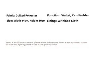 Quilted polyester wallet product specifications showing 14x10cm size and material details