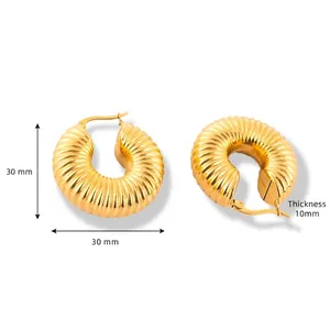 Croissant Ribbed Hoop Earrings 18K Gold Plated 316L Titanium Steel Chunky Statement Jewelry For Women Hypoallergenic