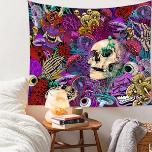 Detail of psychedelic bohemian tapestry featuring skull, mushroom and mandala patterns