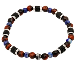 Naturstein-Armband mit Tigerauge Lapislazuli und Lavastein mit silbernen Zwischenperlen