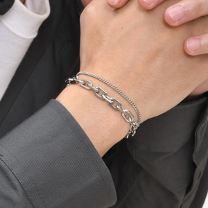 Men's double-layered stainless steel silver bracelet with geometric links and Cuban chain