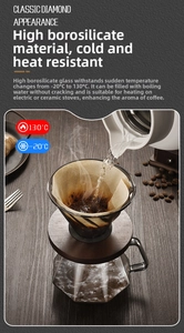 Detail of diamond-textured heat-resistant glass coffee server with filter set on wood