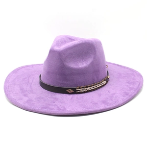 Lila breitkrempiger Fedora-Hut aus Wildleder mit gewebtem Zierband und Nietenverzierung