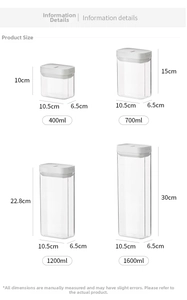 Size chart for airtight kitchen storage containers in 400ml to 1600ml capacities