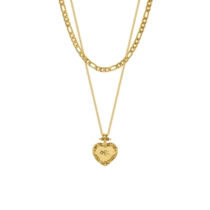 Collier double rang doré Figaro avec pendentif cœur et oiseau vintage pour femme