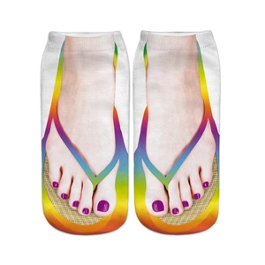3D flip-flop print socks with rainbow straps and purple nail polish design on white