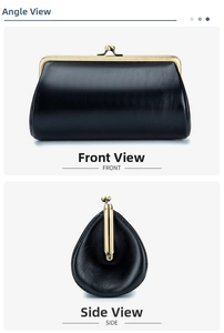 Front and side detail view of vintage leather evening clutch with bronze metal frame