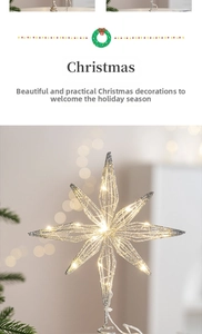 Detail of silver octagonal Christmas tree topper with warm white LED fairy lights