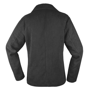 Rückansicht einer schwarzen Cordjacke mit zweireihiger Knopfleiste und Rippenstruktur