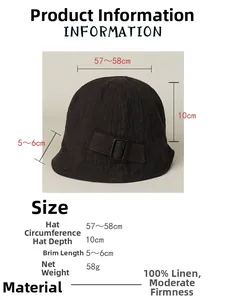 Size guide for linen bucket hat showing 57-58cm circumference and 10cm depth specs