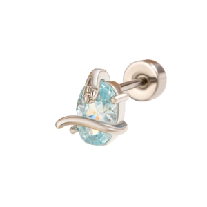 Silver snake ear stud with oval blue zircon on white background, stainless steel jewelry