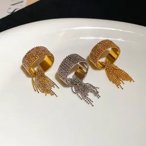 Chic beaded stainless steel open ring with metal fringe tassel in gold and silver