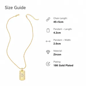 Detail of gold letter D pendant with white zircons and beaded chain dimensions