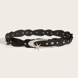 Retro black leather belt featuring silver star and moon buckle with metal rivet accents