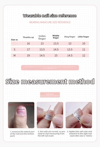 Size chart showing dimensions for pink and white plaid press-on nails with pearl bows
