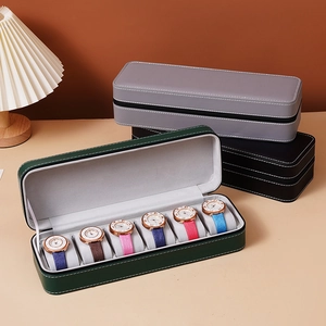 Green PU leather 6-slot watch storage box with zipper and soft velvet pillows